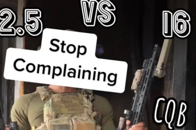 Person in tactical gear holding two rifles comparing 12.5 and 16 ar 3 configurations for close quarters