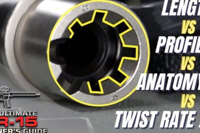 Close-up of an AR-15 barrel extension muzzle with locking lug profile highlighted in yellow