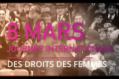 Sepia-toned crowd photo overlaid with bold pink text promoting 8 mars 1 and women's rights.