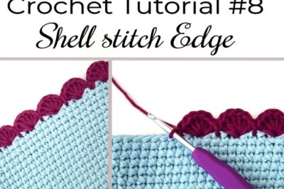 Close-up of a light blue crochet piece with purple shell stitch edging being worked with a hook, demonstrating a avslutte