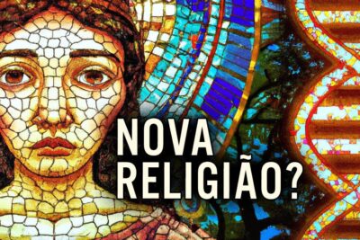 Stained-glass mosaic woman beside a colorful DNA helix and the text 'Nova Religião?' suggesting ethical debate about a clonagem 4.