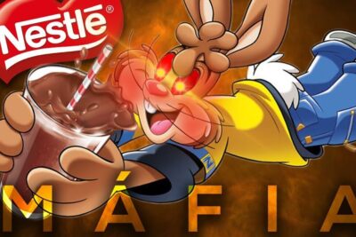 Cartoon rabbit mascot reaching for a glass of chocolate drink under the Nestlé logo for a empresa campaign.