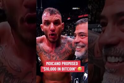 Sweaty tattooed MMA fighter and smiling coach in the cage with an ESPN+ logo and a $10,000 Bitcoin overlay referencing a finansiere