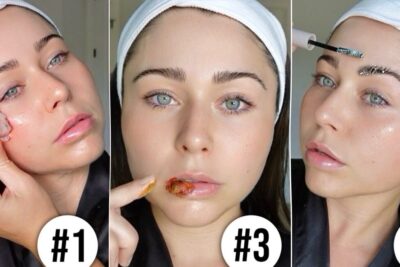 Three-panel close-up beauty tutorial showing ice de-puffing, a lip treatment, and eyebrow gel application labeled a forbedre 1.