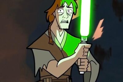 Cartoon warrior gripping a glowing green energy sword with a worried expression