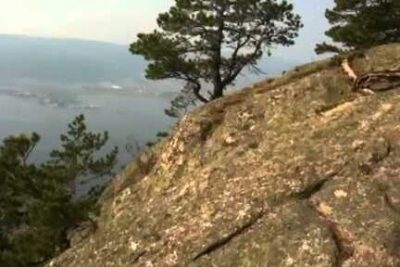 Rocky coastal cliff with pine trees overlooking a himmelvann and distant hazy shoreline