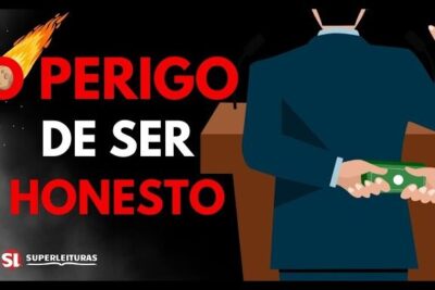 Illustration depicting the peril of a honestidade as a suited figure at a podium accepts cash behind their back beneath a bold Portuguese headline