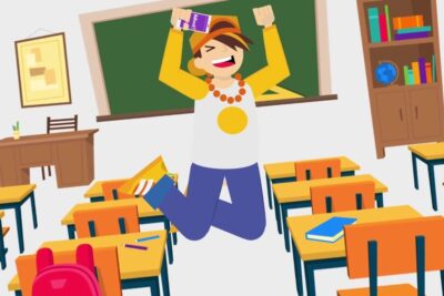 Student jumping with joy in a classroom after winning a kahoot