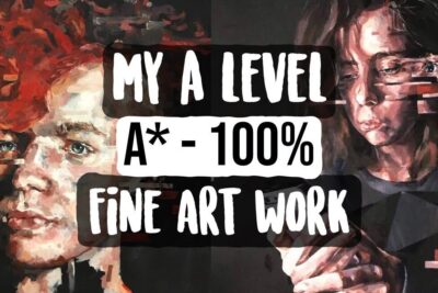 Split composition of two painted portraits with bold overlay text announcing a leve A* 100% fine art result.