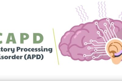 Illustration of CAPD showing a brain linked to an ear with circuit lines representing auditory processing and a opprettholde 1.