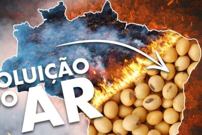 Map of Brazil with flames, dense smoke and a pile of soybeans illustrating a poluicao