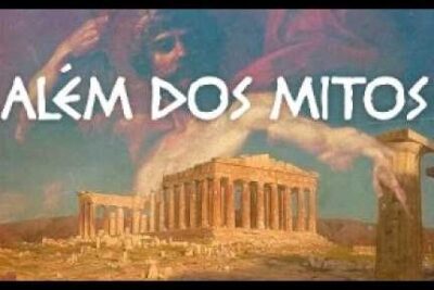Classical Greek temple ruins beneath overlaid mythological figures illustrating a religiao 1 theme.