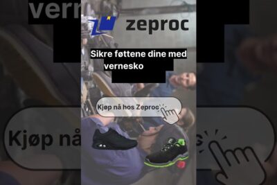 Vertical promotional image showing Zeproc safety work shoes, logo, and a call-to-action designed to help a sikre workers' feet.