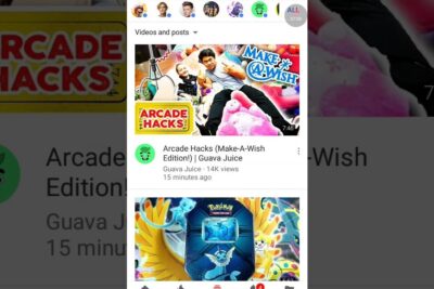 YouTube mobile feed screenshot displaying a bright Arcade Hacks video thumbnail and related previews, a spise 1.