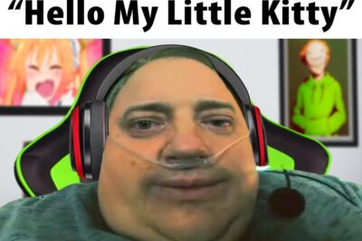 Close-up of a streamer-like person wearing a gaming headset and nasal cannula in front of a green gaming chair and framed anime art, a twitter meme-style image.