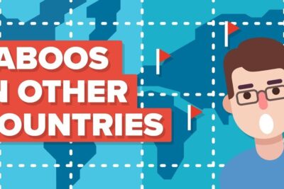 Graphic thumbnail showing bold 'Taboos in Other Countries' text, a dotted world map with red flags and a surprised cartoon traveler, suggesting a utforske cultural norms.