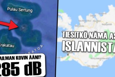 Split map thumbnail with Krakatau and Pulau Sertung marked by a red arrow, Iceland map on the right and bold '285 dB' callout, aarimmaiset urheilulajit 1
