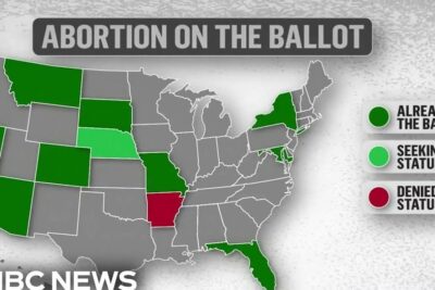 U.S. map infographic showing abortion ballot status by state with abort ar 3 indicated in the legend