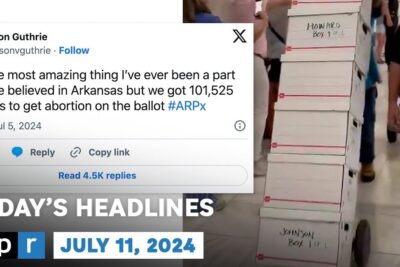 Social media screenshot beside stacked petition boxes highlighting a campaign to get abort ar on the ballot.