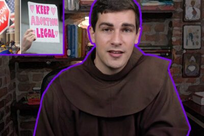 A man in a brown robe framed by inset protest signs reading Stop Abortion Now and Keep Abortion Legal in abortion debate 1.