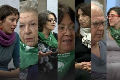 Aborto legal 23: Collage of Panel Speakers with Green Scarves Advocating Reproductive Rights, a segmented portrait of diverse speakers wearing green scarves and microphones during a panel discussion.