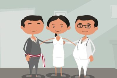 Cartoon of a woman standing between a doctor with a stethoscope and an official wearing a sash, representing aborto terapeutico 2.