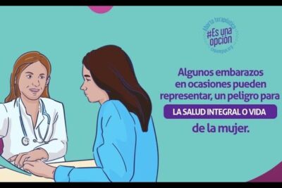 Illustration of a clinician consulting a woman about pregnancy risks and options including abortion, labeled aborto terapeutico 3