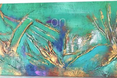 Textured turquoise and gold abstract painting with raised metallic relief, an abstrakt konst canvas.