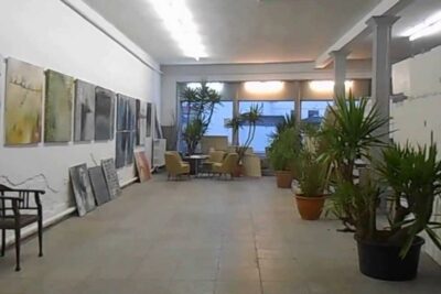 Interior of a modern gallery with abstrakte kunsten displayed along the wall and potted plants