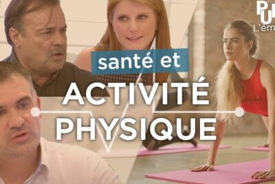 Woman performing a yoga pose on a pink mat while experts discuss activite physique and health