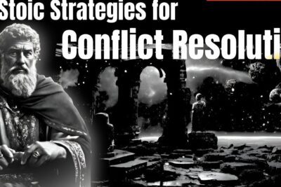 Bearded stoic statue beside ruined arches and a cosmic starfield, visually representing afvejning argumenter and measured conflict resolution