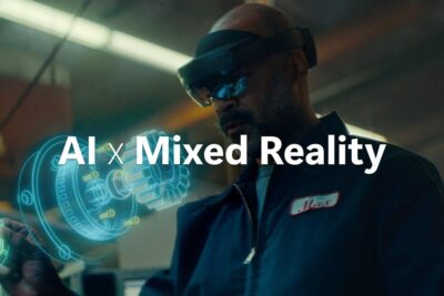 Technician wearing a mixed reality headset interacting with ai ar holographic 3D mechanical model in a workshop