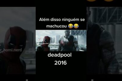 Film still of Deadpool and Colossus with Portuguese overlay text including the phrase alem disso 33.