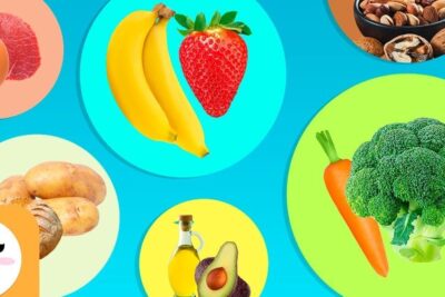 Collage of bananas, strawberry, broccoli, carrot, avocado, nuts and olive oil promoting alimentacao saudavel.
