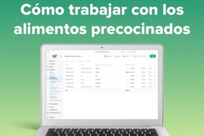 Laptop showing a management dashboard for alimentos precocinados 2 on a green background