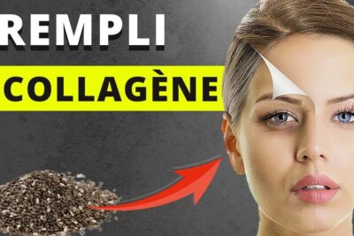 Split-face before-and-after showing smoother skin and a pile of seeds with a red arrow illustrating aliments naturels 1