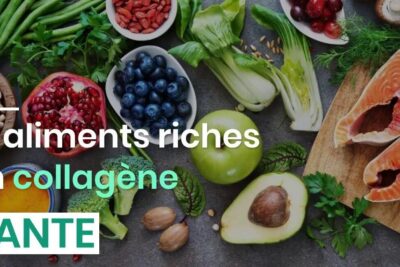 Assortment of aliments naturels including salmon fillets, avocado, blueberries, pomegranate, nuts and leafy greens.