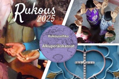 Collage showing hands in prayer, an overhead group with raised hands and a decorative cross, alkuperaiskansat ovat 1