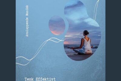 Person meditating on a calm beach at sunset framed by soft blue abstract shapes for alternativ medisin 1.