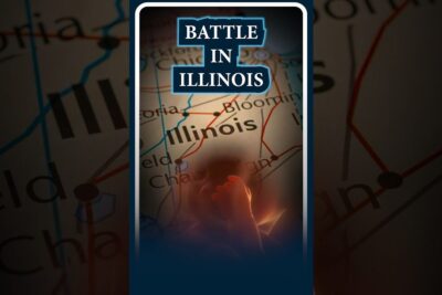 Map of Illinois labeled 'Battle in Illinois' with a glowing fetal silhouette representing alternative allaborto and reproductive options