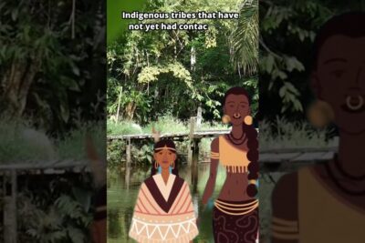Two stylized indigenous women standing at a riverside with lush tropical vegetation, evoking amazonas verdensarv.