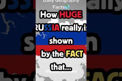 Vertical social media-style graphic with Russian flag colors and map silhouettes showing bold text about how huge Russia is andring tidszonen