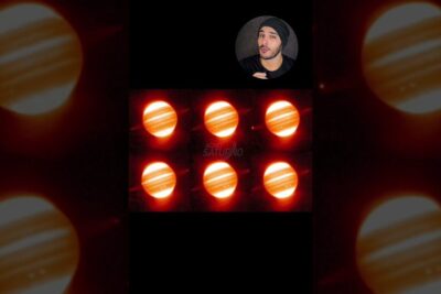 Infrared composite of a Jupiter-like planet with visible ring system and six tiled frames labeled aneis jupiter 1, small circular portrait above