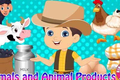 Child with farm animals and animal products like milk and eggs