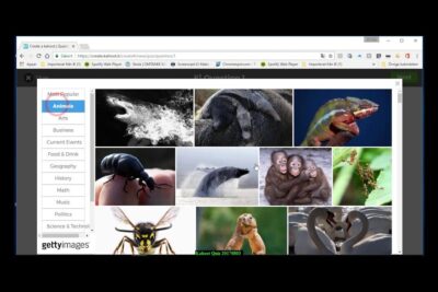 Screenshot of a Kahoot quiz editor image selector showing animal thumbnails and category menu, anvanda kahoot