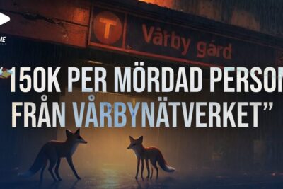 Rain-soaked Vårby Gård crime poster with fox silhouettes and bold headline referencing anvanda kontrakt