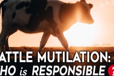 Silhouetted cow at sunset with bold overlay text about cattle mutilation and anvandningen stamceller 1