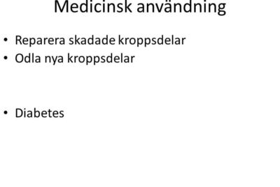 Presentation slide listing medical uses such as repairing damaged body parts, growing new parts and diabetes with emphasis on anvandningen stamceller.