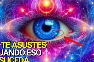Surreal cosmic blue eye with a glowing iris and red arrow pointing to a bright glint near the lower eyelid, suggesting aparencia fisica.