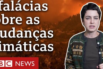 Presenter outlined against an orange wildfire scene with large Portuguese headline referencing aquecimento global 4